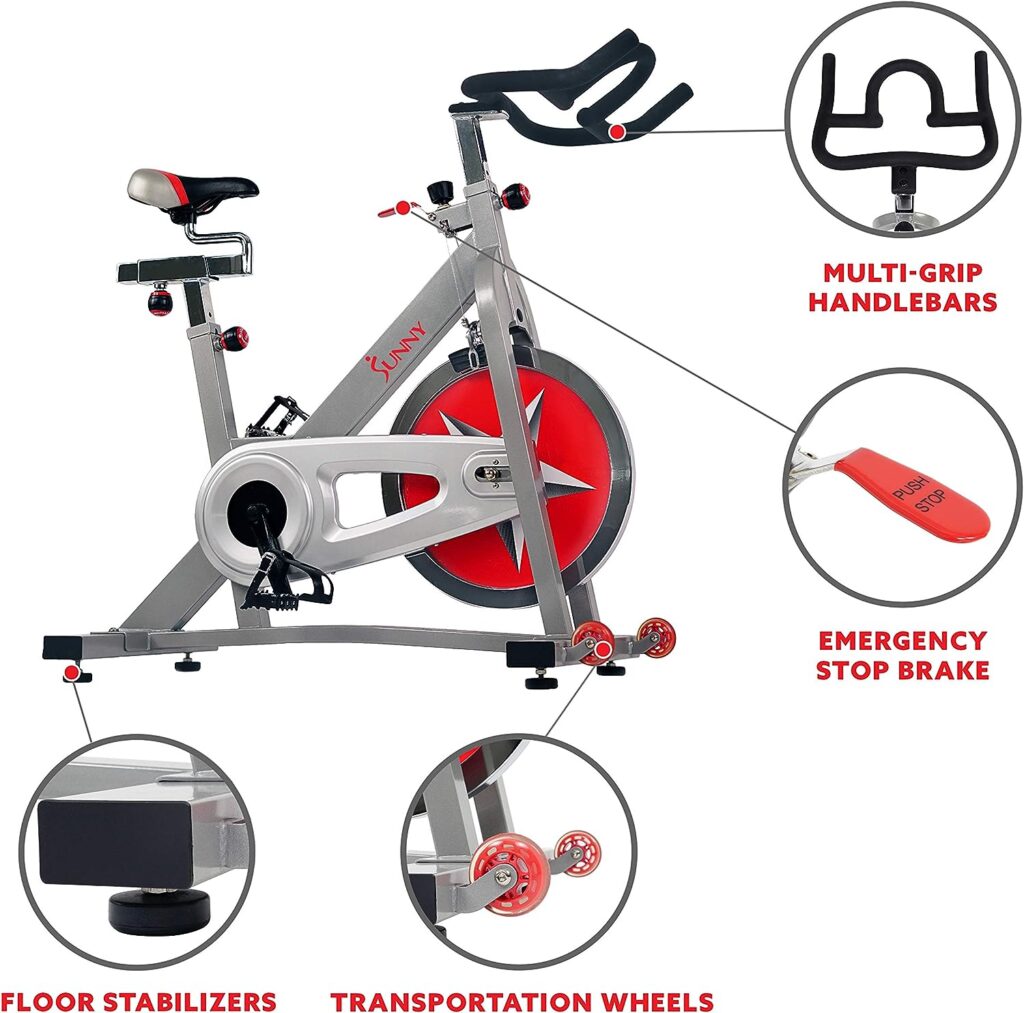 Sunny Health  Fitness Exercise Cycle Bike Pro Indoor Stationary Bike with 18 KG (40 LBS) Flywheel Chain Drive Dual-Felt Resistance and Emergency Stop Brake for Home Gym - SF-B901