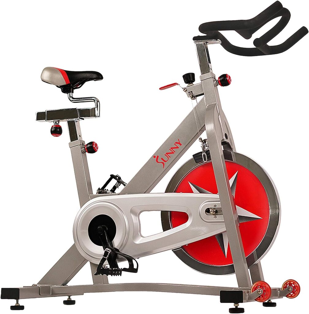 Sunny Health  Fitness Exercise Cycle Bike Pro Indoor Stationary Bike with 18 KG (40 LBS) Flywheel Chain Drive Dual-Felt Resistance and Emergency Stop Brake for Home Gym - SF-B901