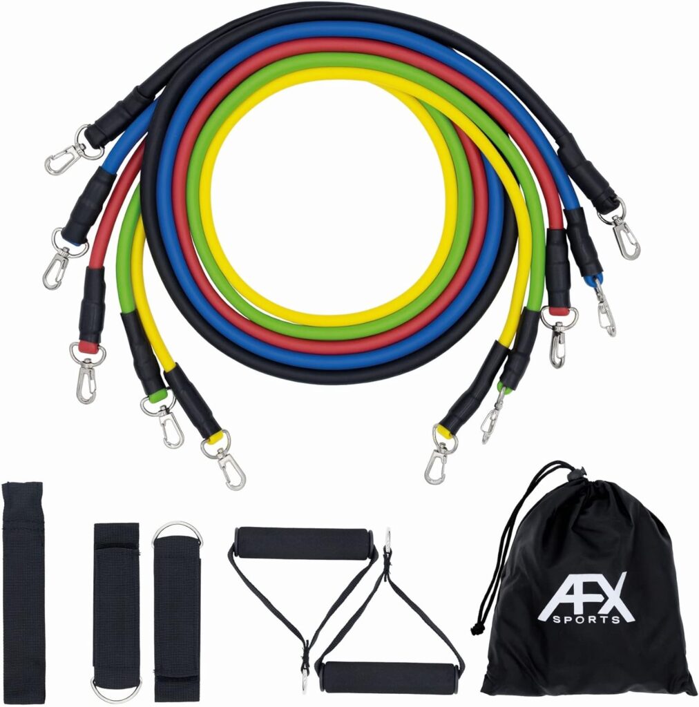 AFX Sports Exercise Resistance Bands Set, Fitness Stretch Workout Kit, 5 Tubes, 2 Foam Handles, 2 Ankle Straps, Door Anchor for Men Women, Home Gym Equipment, Yoga Pilates Physio